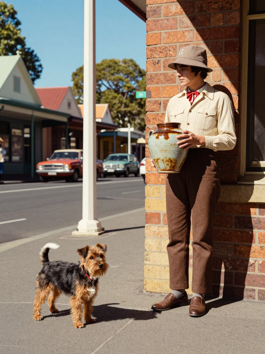 Vintage 1970s Adelaide Street Scene with Skye Terrier and Ceramic Jar in in Adelaide, South Australia, Australia
