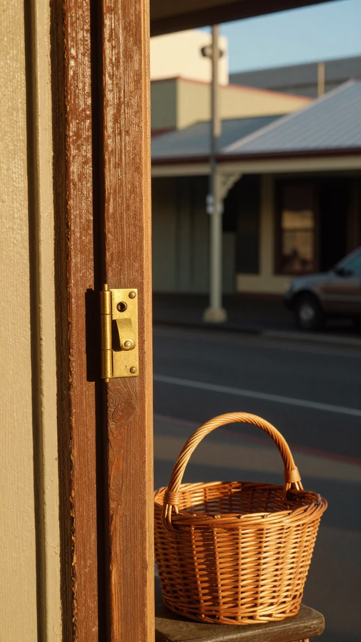 Vintage 1970s Adelaide Street Scene with Wicker Basket and Hinge Detail in in Adelaide, South Australia, Australia