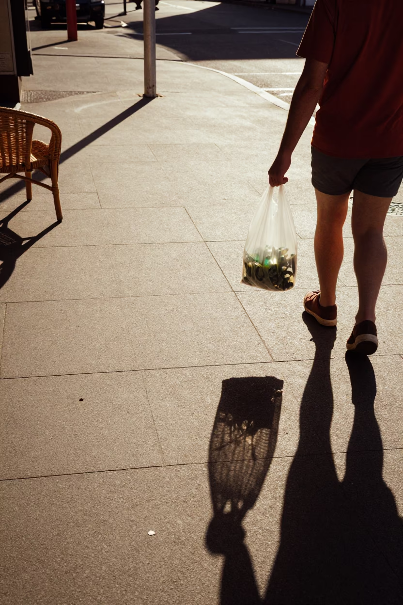 Vintage 1970s Adelaide Street Scene with Wicker Chair Shadow and Freesia Bouquet in in Adelaide, South Australia, Australia