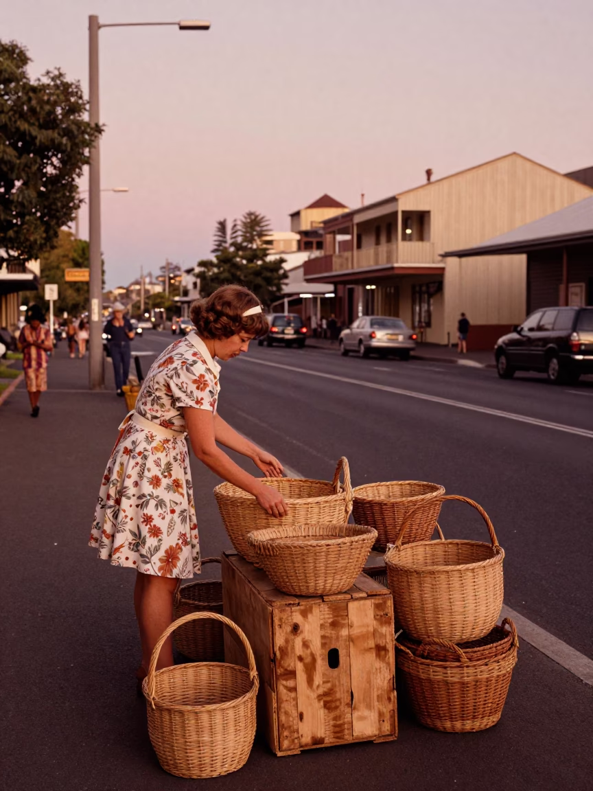 Vintage 1970s Adelaide Street Scene with Woven Baskets and Porcelain in Copper Dusk Light in in Adelaide, South Australia, Australia