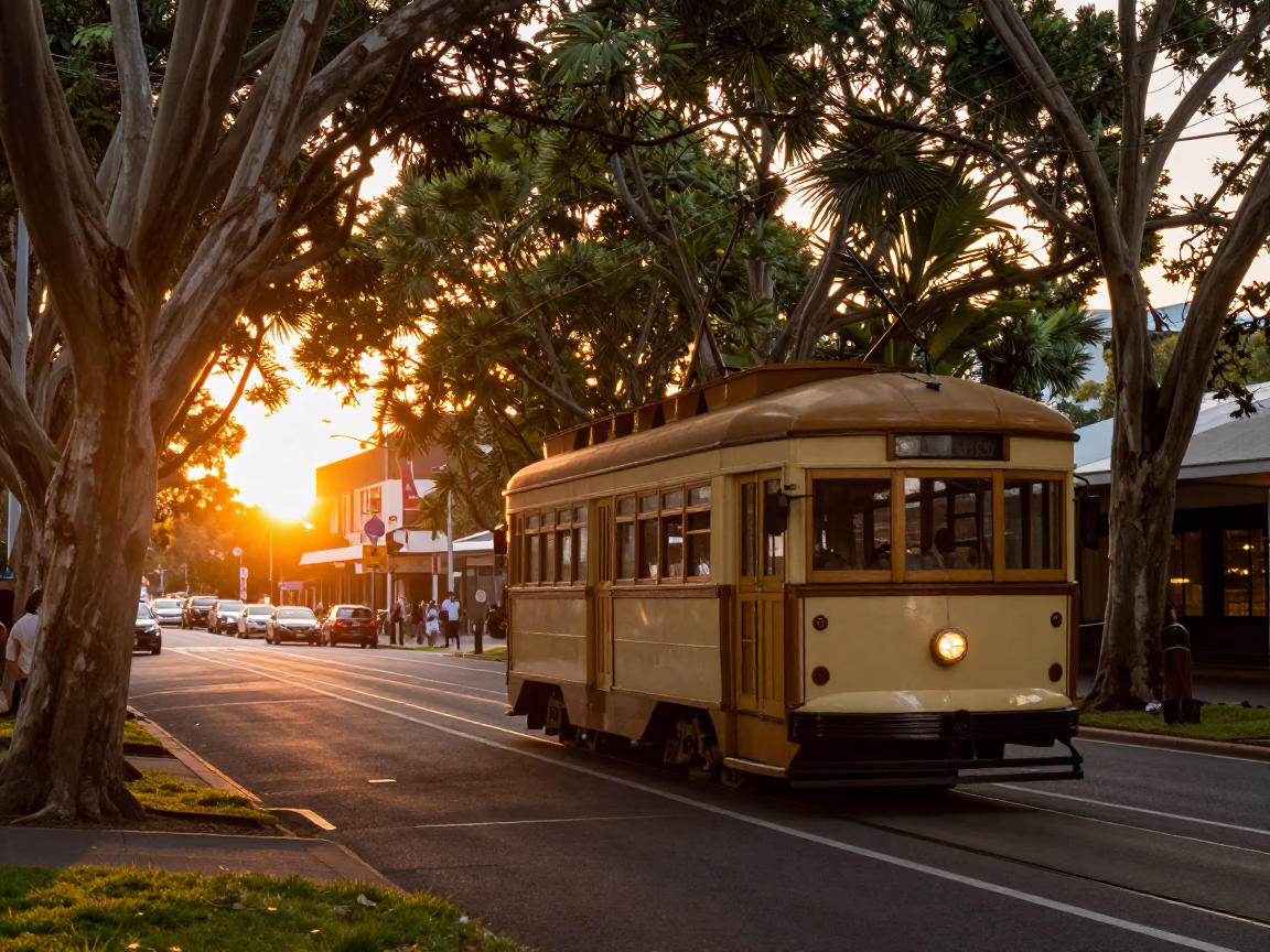 Vintage 1970s Adelaide Tramcar on Tree-Lined Boulevard at Sunset in in Adelaide, South Australia, Australia
