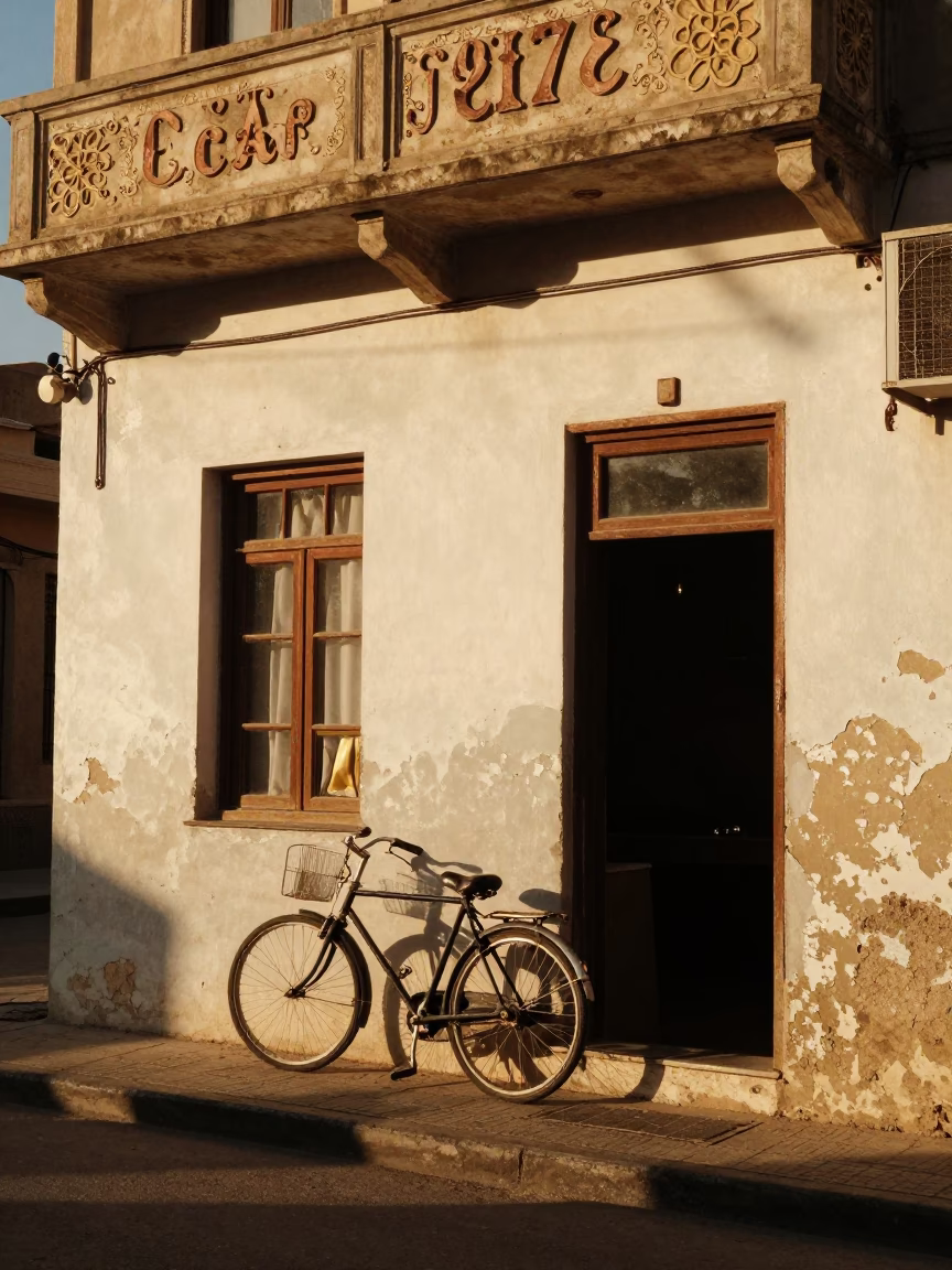 Vintage 1970s Alexandria Cafe Exterior at Sunset with Bicycle and Local Street Life in in Alexandria, Egypt