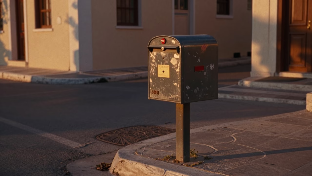 Vintage 1970s Athens Greece Sunset Street Scene with Mailbox and Coastal Motorcycle in in Athens, Greece