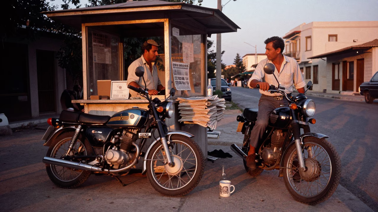 Vintage 1970s Athens Street Scene with Motorcycle and Newspaper at Dusk in in Athens, Greece