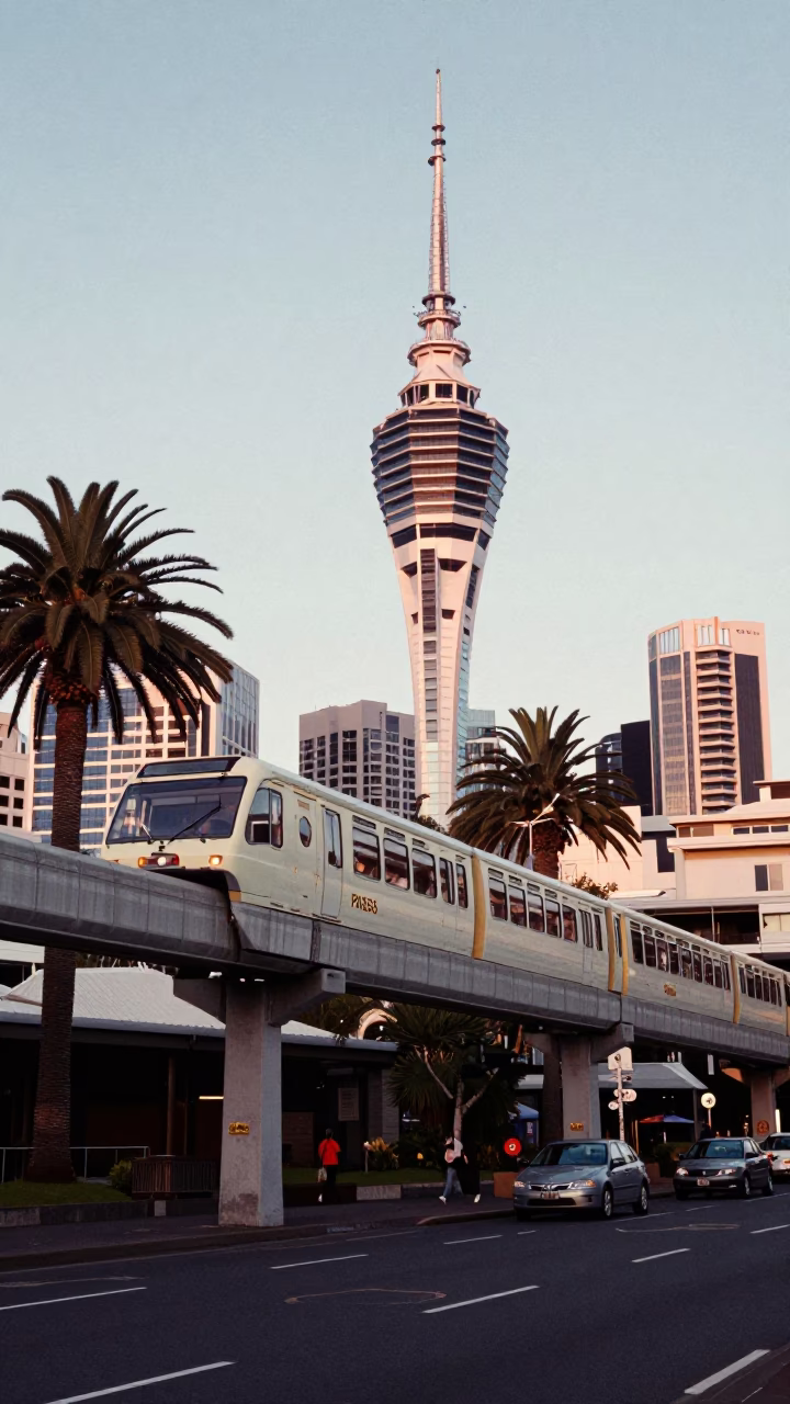 Vintage 1970s Auckland Evening Monorail Passes Palm Trees and Glass Towers in in Auckland, New Zealand