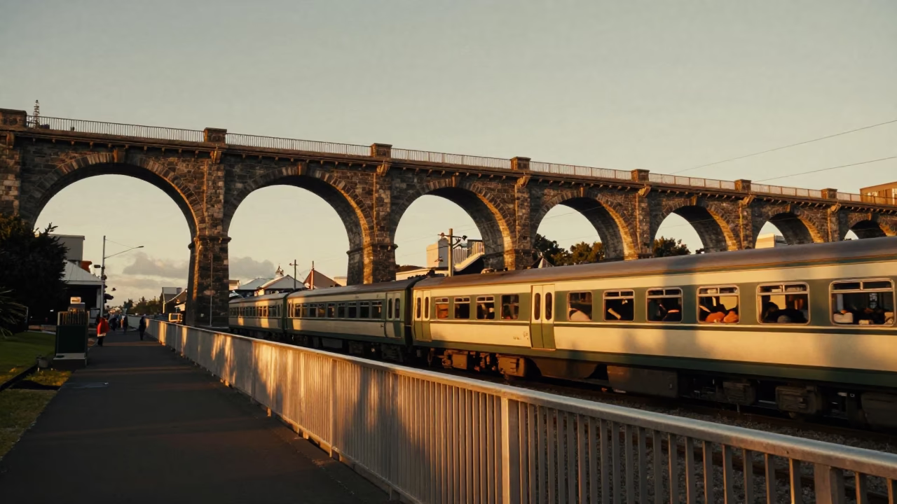 Vintage 1970s Auckland Evening Railway Viaduct with Passing Train and City Lights in in Auckland, New Zealand