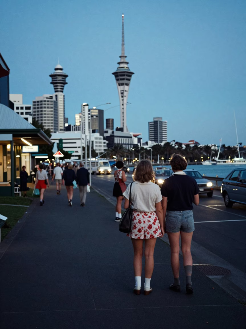 Vintage 1970s Auckland Evening Street Scene with Fish and Chips in Newspaper in in Auckland, New Zealand