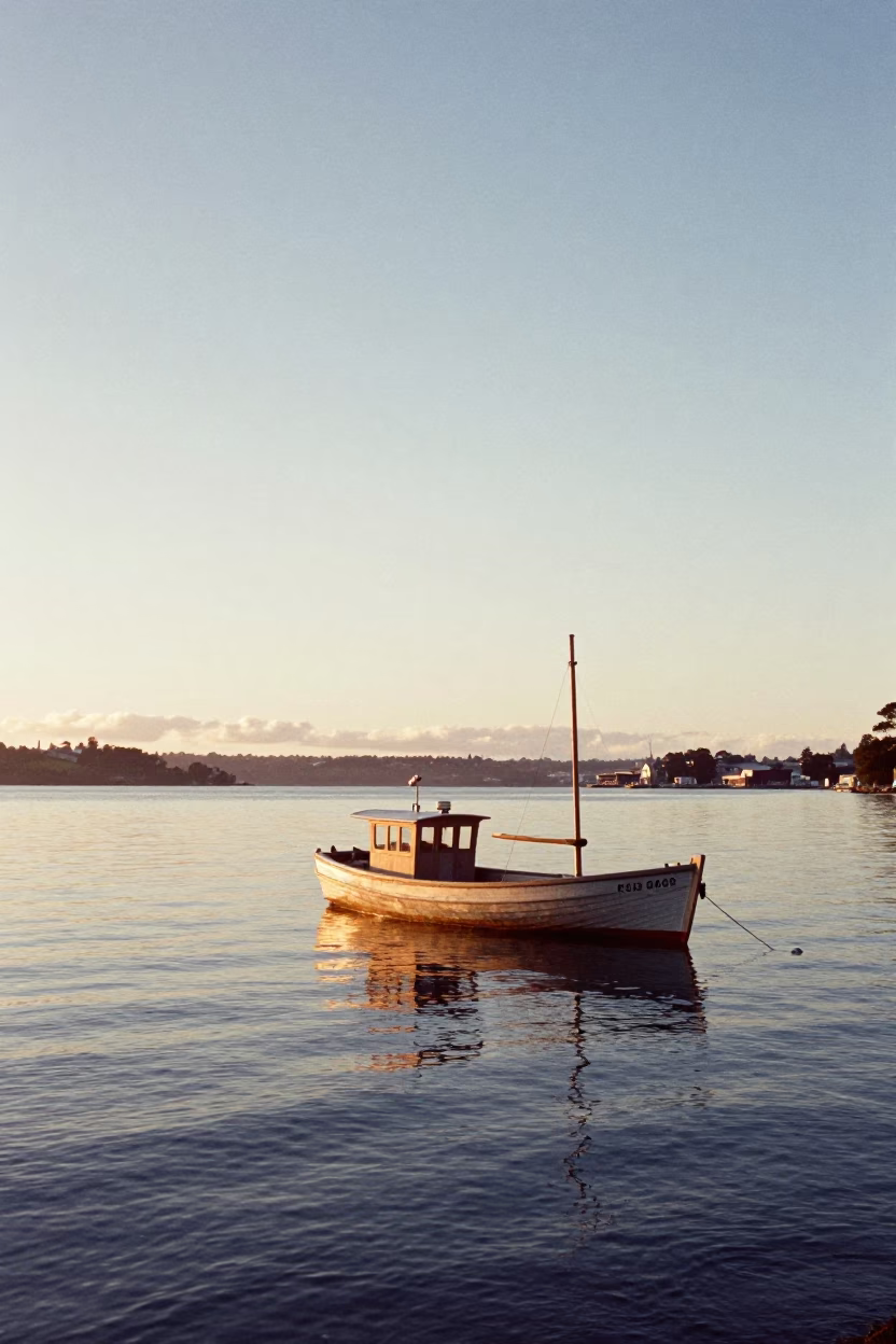 Vintage 1970s Auckland Harbor Scene with Wooden Fishing Boat at Anchor After Sunrise in in Auckland, New Zealand