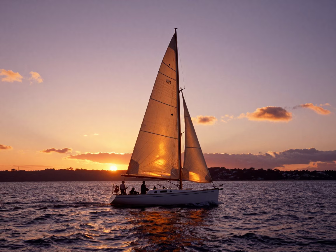Vintage 1970s Auckland Harbor Sunset Sailboat Tacking Against Golden Light in in Auckland, New Zealand