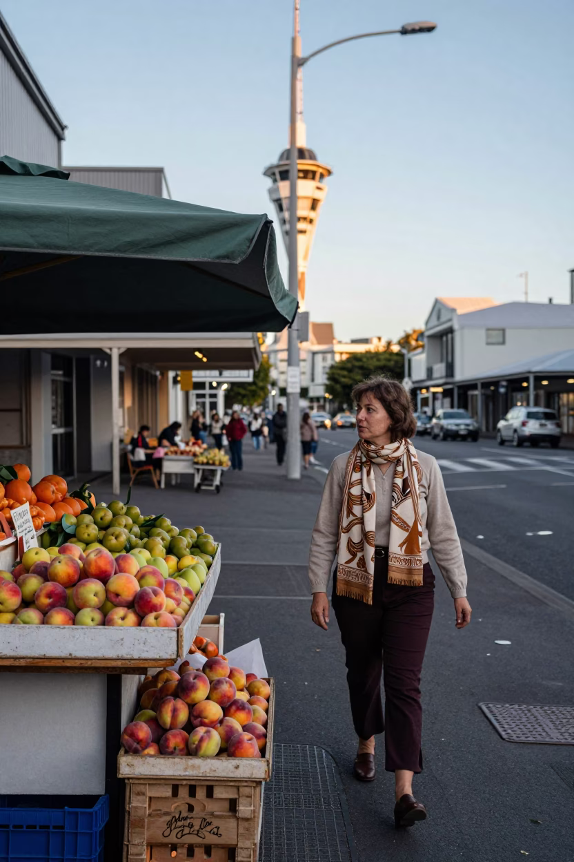 Vintage 1970s Auckland Street Scene with Nectarines and Scarf at First Light in in Auckland, New Zealand