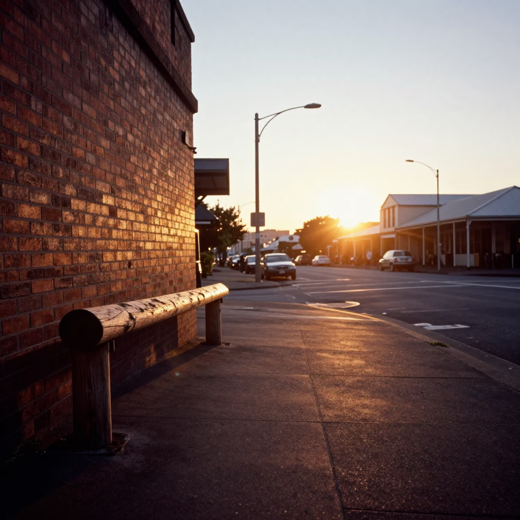 Vintage 1970s Auckland Street Scene with Peg Rail and Garden Benches at Sunset in in Auckland, New Zealand