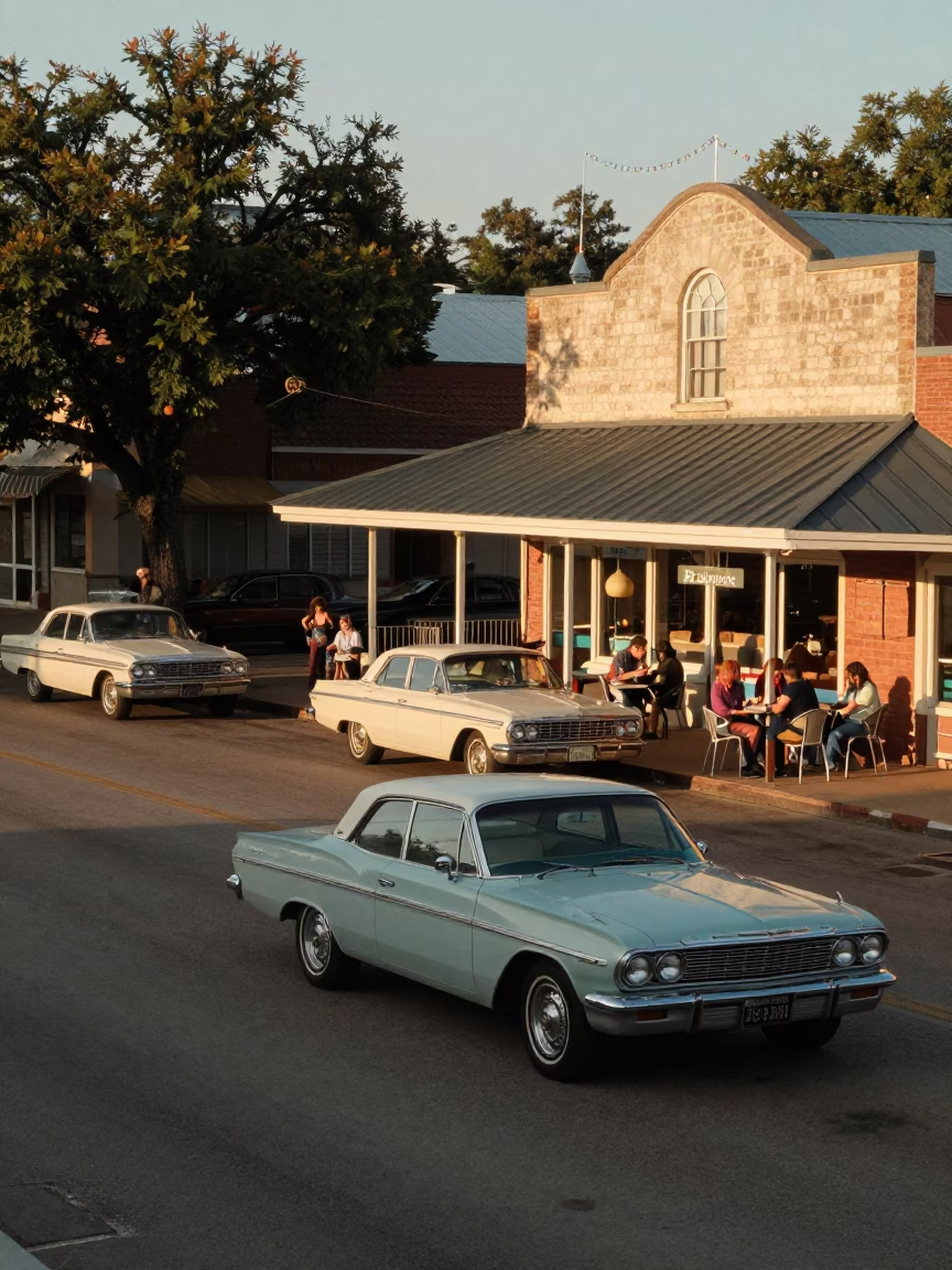 Vintage 1970s Austin Texas Evening Street Scene with Local Diners and Classic Cars in in Austin, Texas, United States