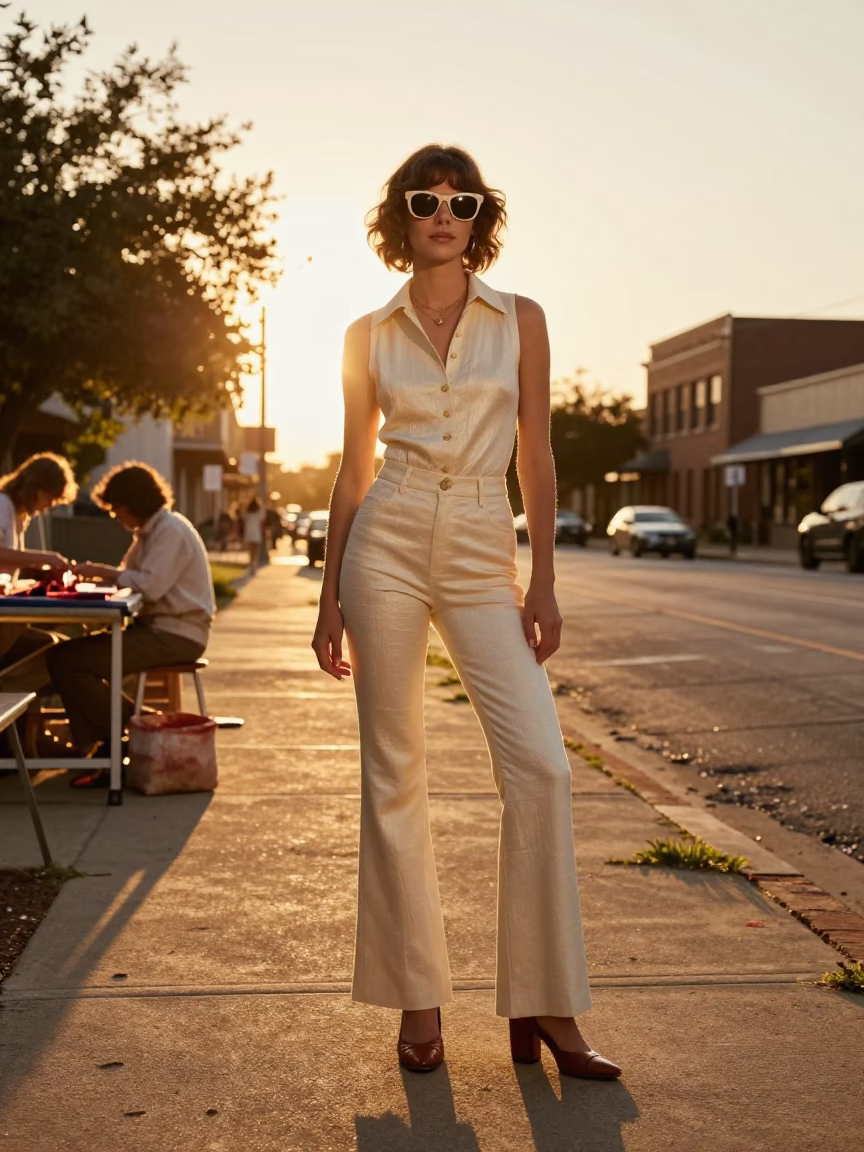 Vintage 1970s Austin Texas Golden Hour Fashion Portrait with Silk Dyeing Workshop Fabrics in in Austin, Texas, United States