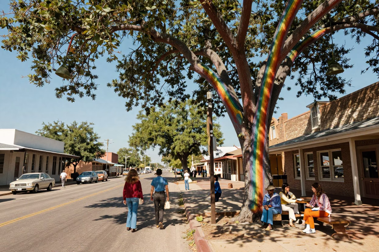 Vintage 1970s Austin Texas Midday Street Scene with Rainbow Eucalyptus and Local Life in in Austin, Texas, United States
