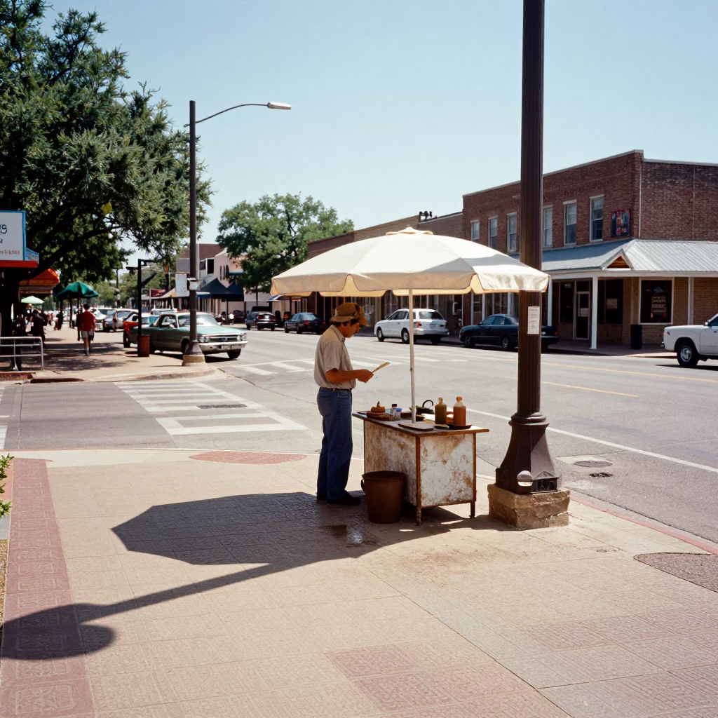 Vintage 1970s Austin Texas Midmorning Street Scene with Dusty Tile Grout and Local Life in in Austin, Texas, United States