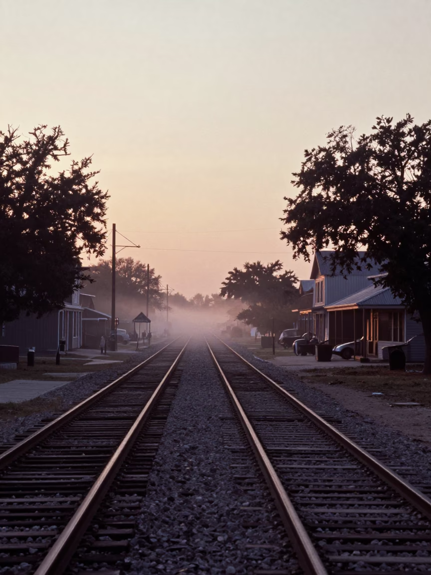 Vintage 1970s Austin Texas Nautical Dawn Street Scene with Railway Signal Cabin in in Austin, Texas, United States