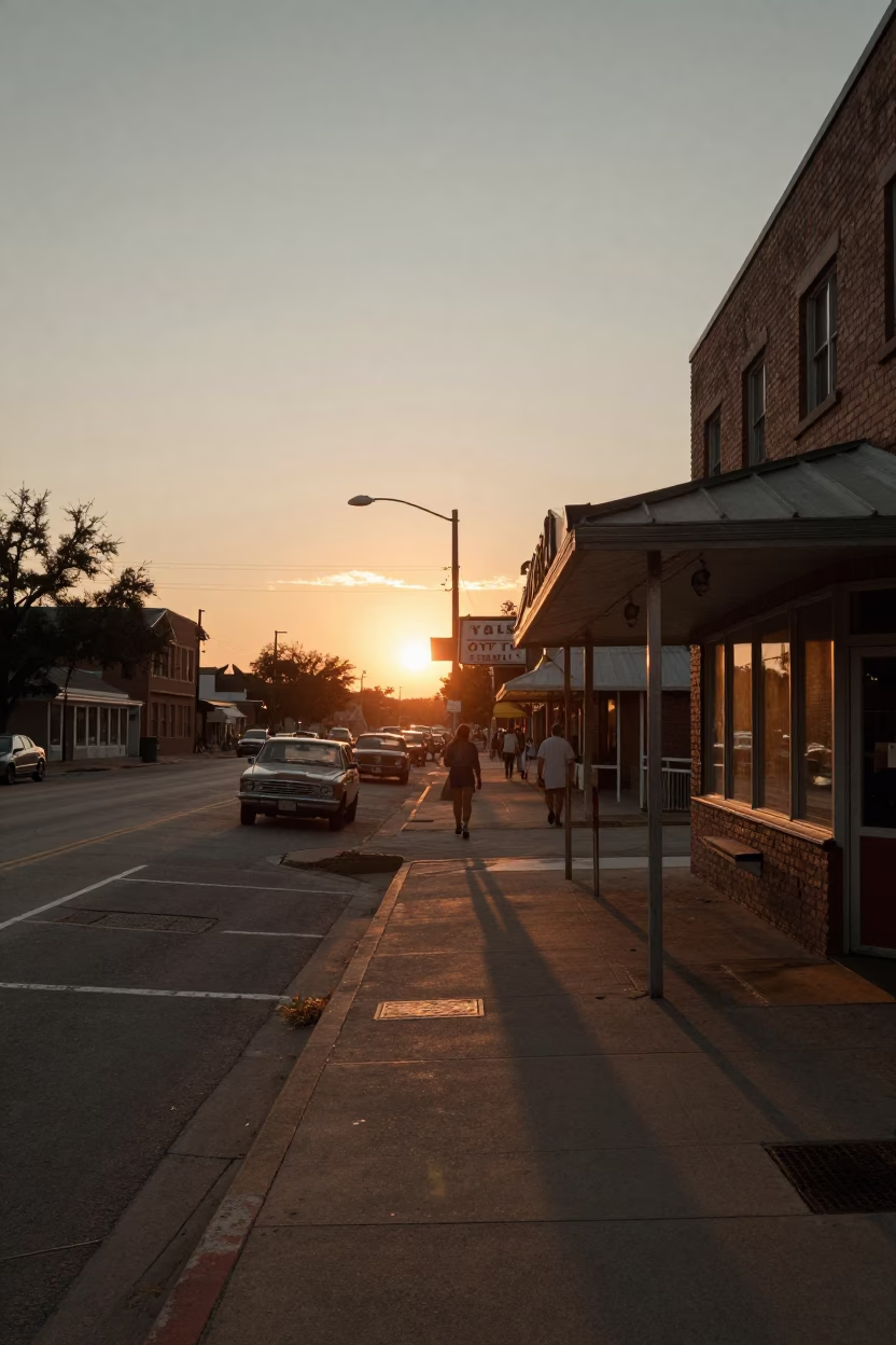 Vintage 1970s Austin Texas Street Scene at Sunset with Local Diners and Classic Cars in in Austin, Texas, United States