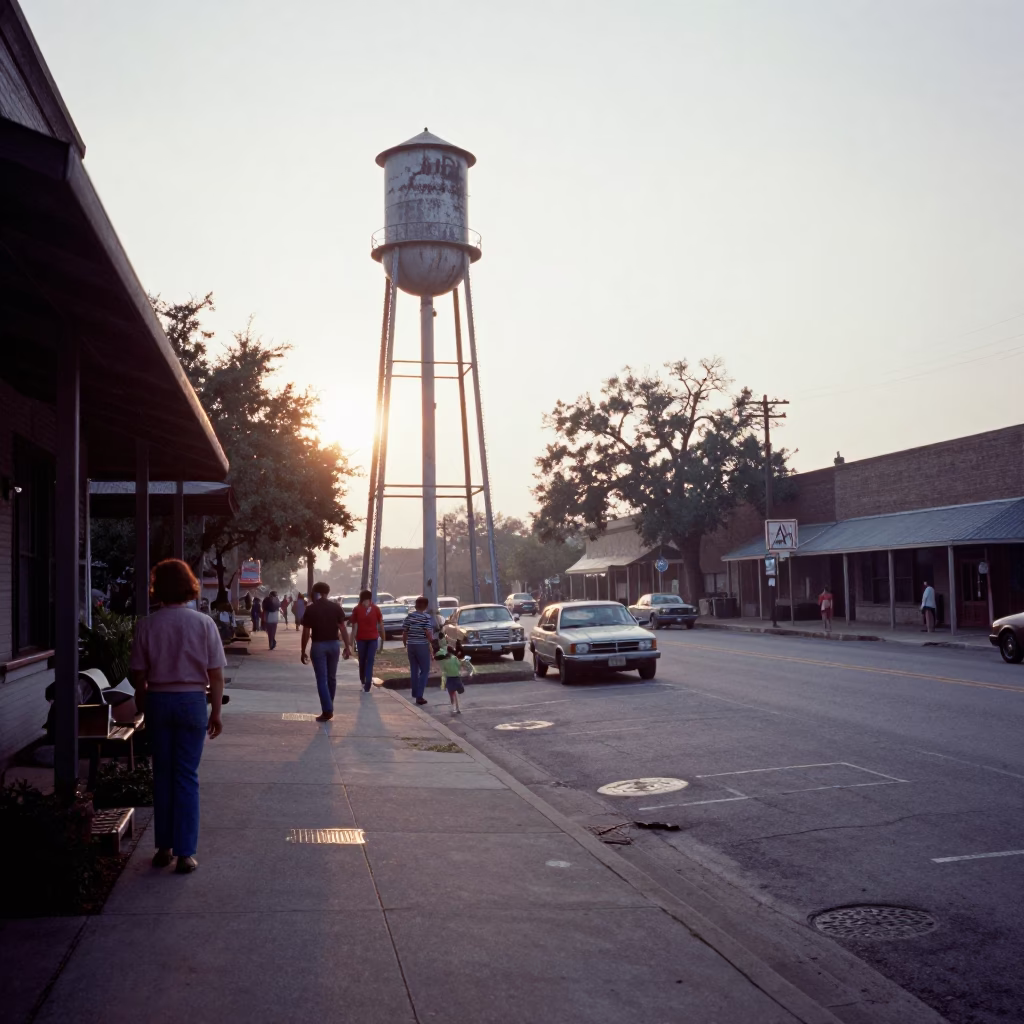 Vintage 1970s Austin Texas Street Scene Early Morning Light with Local Commerce in in Austin, Texas, United States