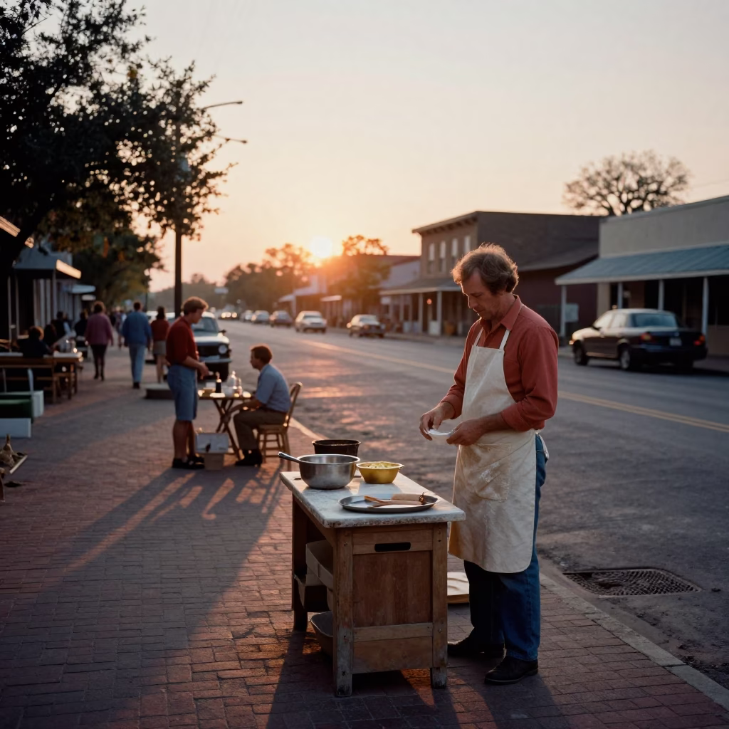 Vintage 1970s Austin Texas Street Scene with Apron Wearing Local and Pitcher at Sunset in in Austin, Texas, United States