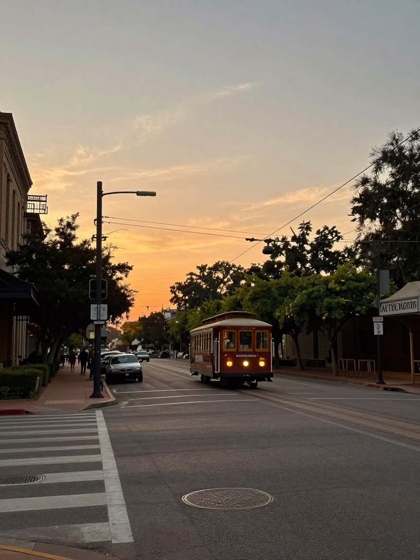 Vintage 1970s Austin Texas Sunset Street Scene with Cable Car and Autumn Pumpkins in in Austin, Texas, United States