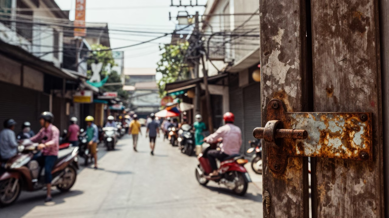 Vintage 1970s Bangkok Street Scene with Tea Stains and Latch Details in in Bangkok, Thailand