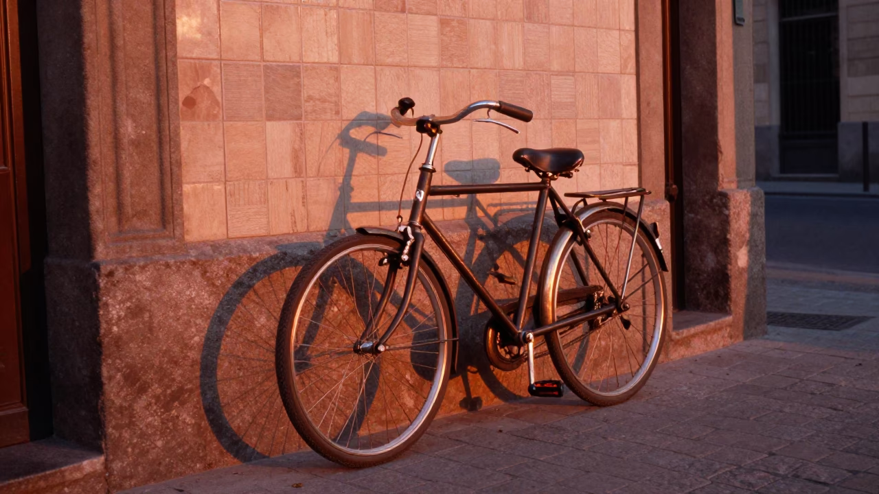 Vintage 1970s Barcelona Street Scene with Bicycle and Copper Toned Dusk Light in in Barcelona, Spain