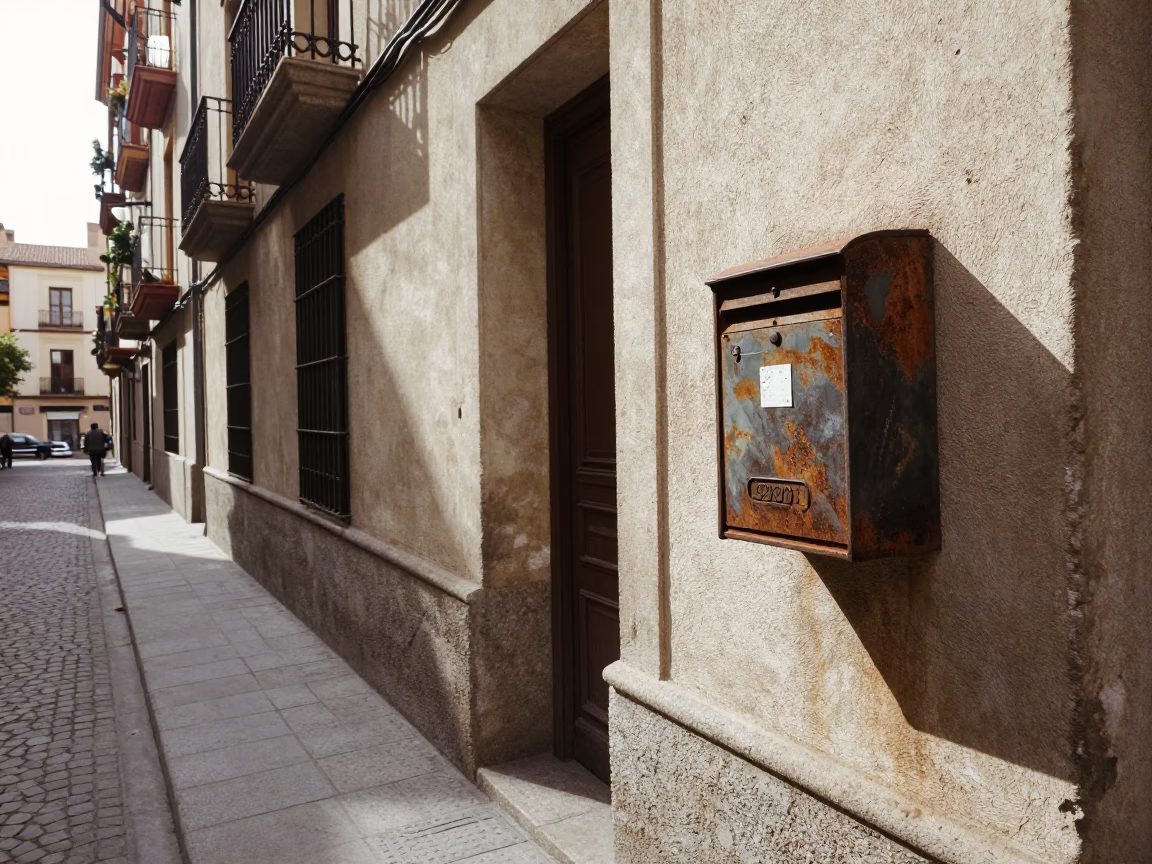 Vintage 1970s Barcelona Street Scene with Carafe and Mailbox in in Barcelona, Spain