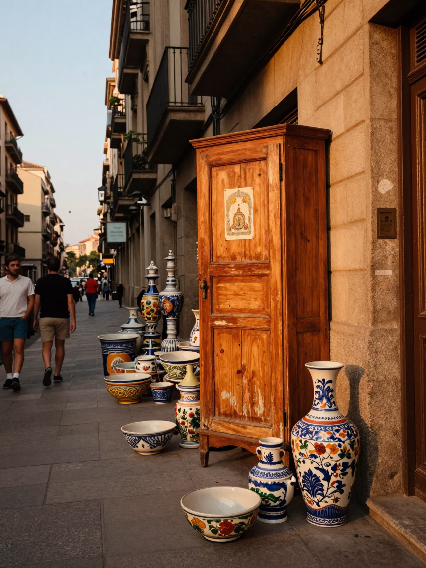 Vintage 1970s Barcelona street scene with colorful ceramics and daily life in in Barcelona, Spain