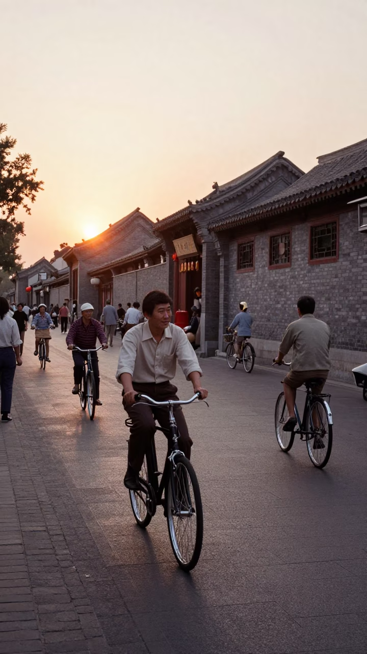Vintage 1970s Beijing Street Scene at Sunset with Bicycle Riders and Traditional Architecture in in Beijing, China