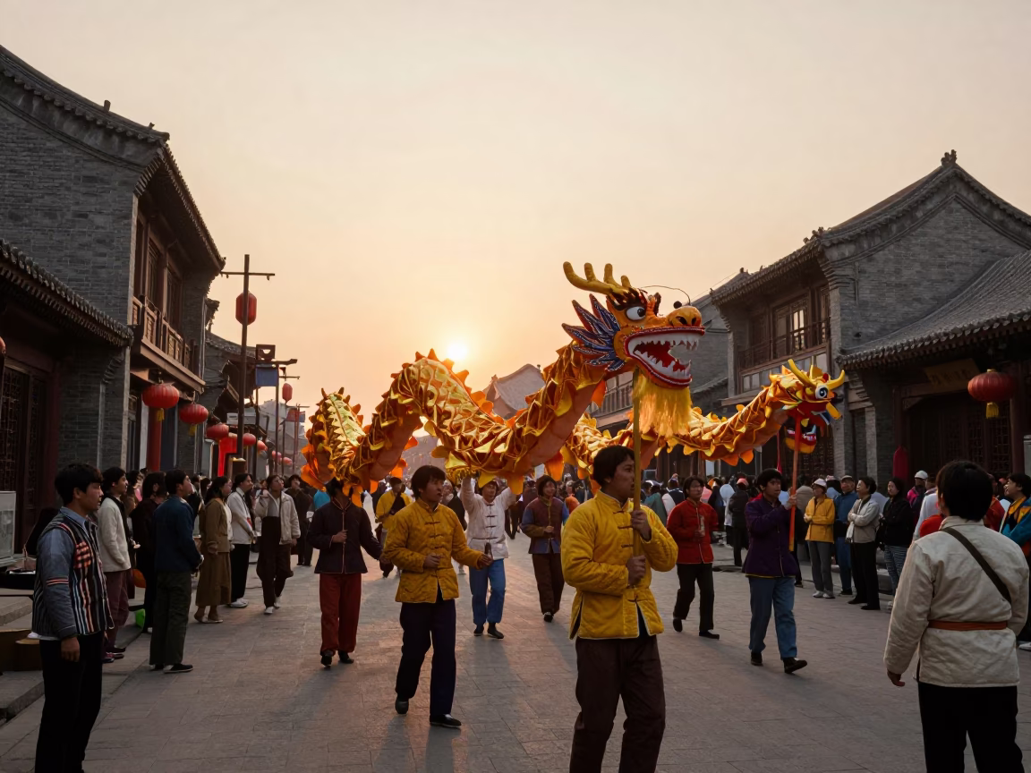 Vintage 1970s Beijing Street Scene at Sunset with Traditional Dragon Dance Performance in in Beijing, China