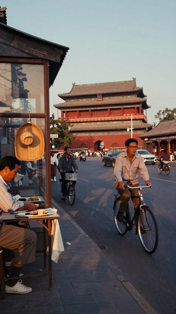 Vintage 1970s Beijing Street Scene with Bicycle Rider and Wicker Basket Shadow in in Beijing, China