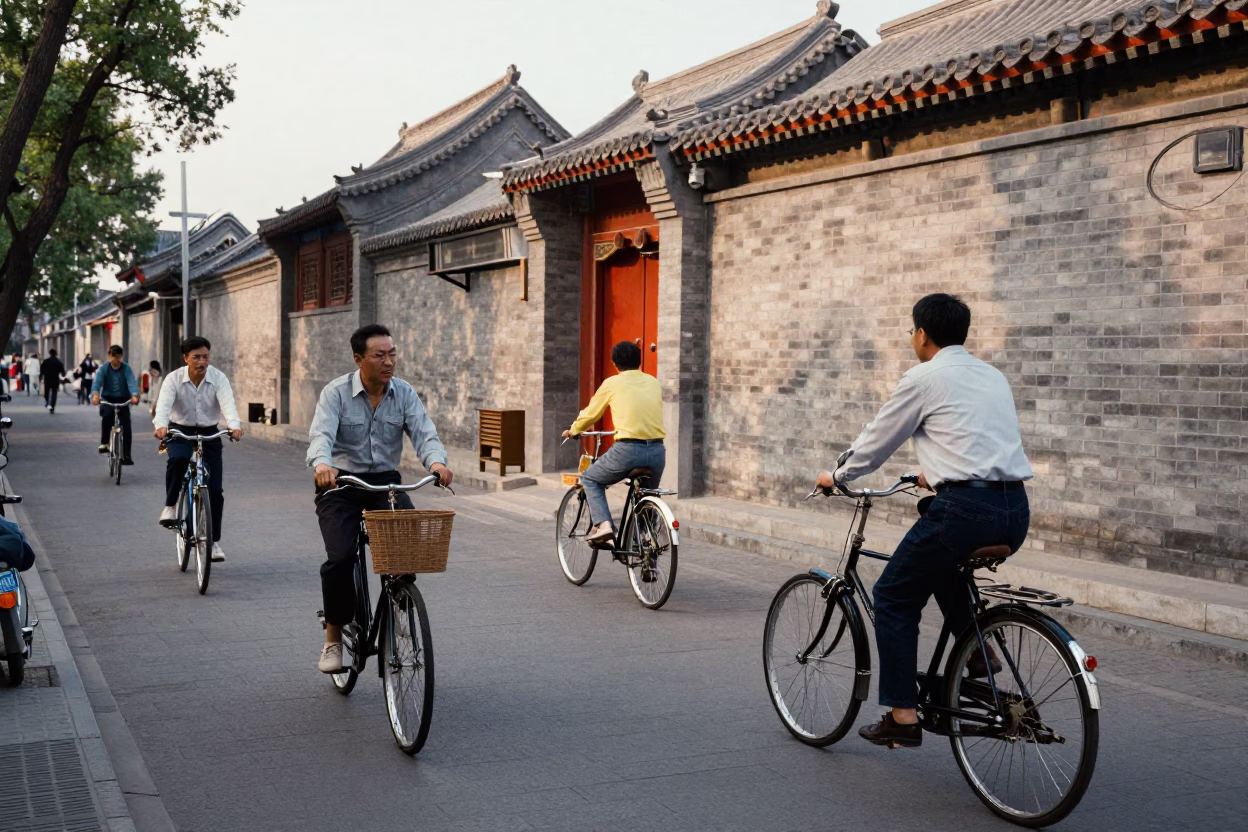 Vintage 1970s Beijing Street Scene with Bicycles and Traditional Architecture in in Beijing, China