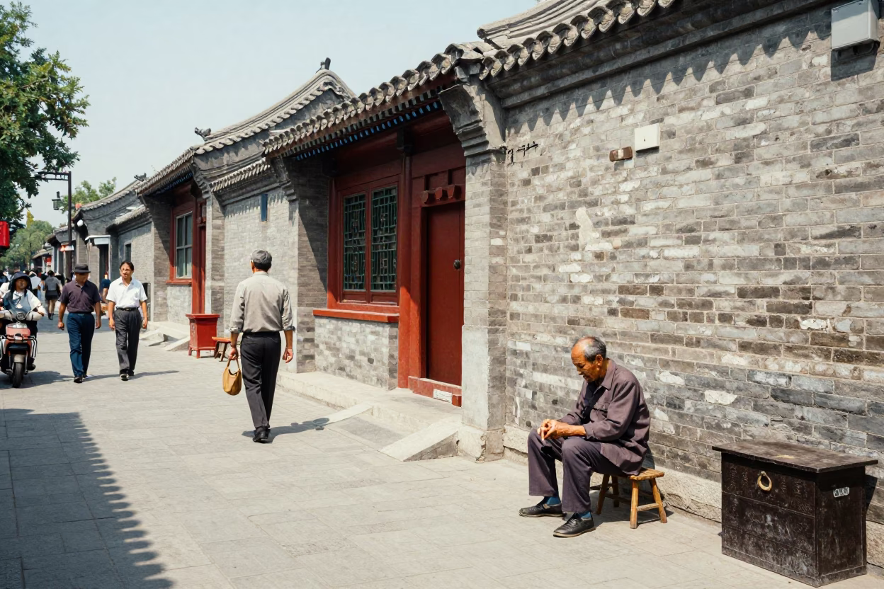 Vintage 1970s Beijing Street Scene with Calligraphy Brush Set in Bamboo Roll in in Beijing, China