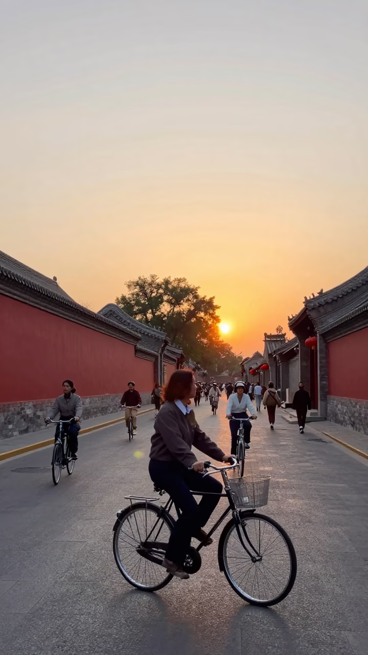 Vintage 1970s Beijing Street Scene with Cyclists and Bicycle Repair at Sunset in in Beijing, China