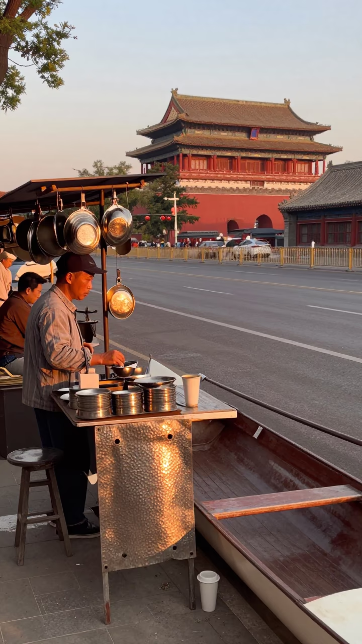 Vintage 1970s Beijing Street Scene with Hammered Metal and Evening Light in in Beijing, China