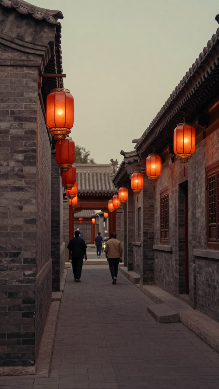 Vintage 1970s Beijing Street Scene with Lanterns and Traditional Architecture in Copper Light in in Beijing, China