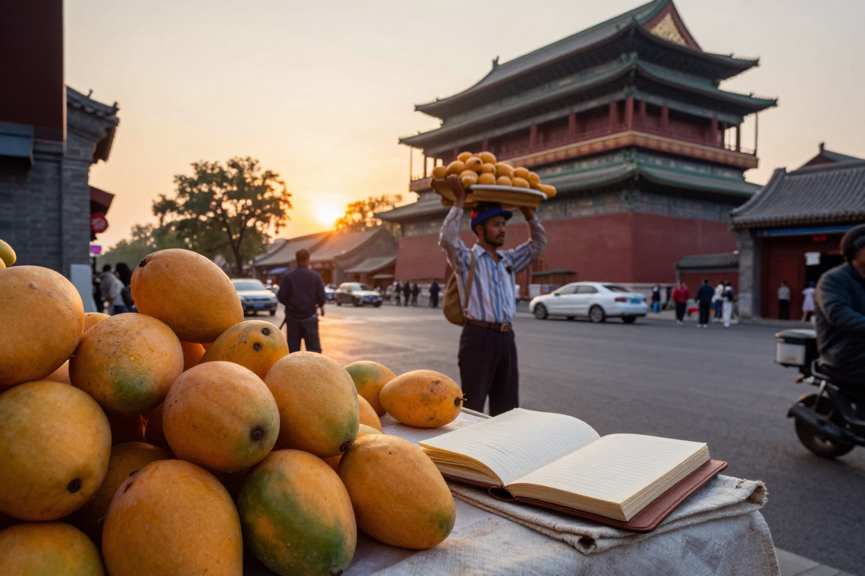Vintage 1970s Beijing Street Scene with Mangoes and Ledger at Sunset in in Beijing, China