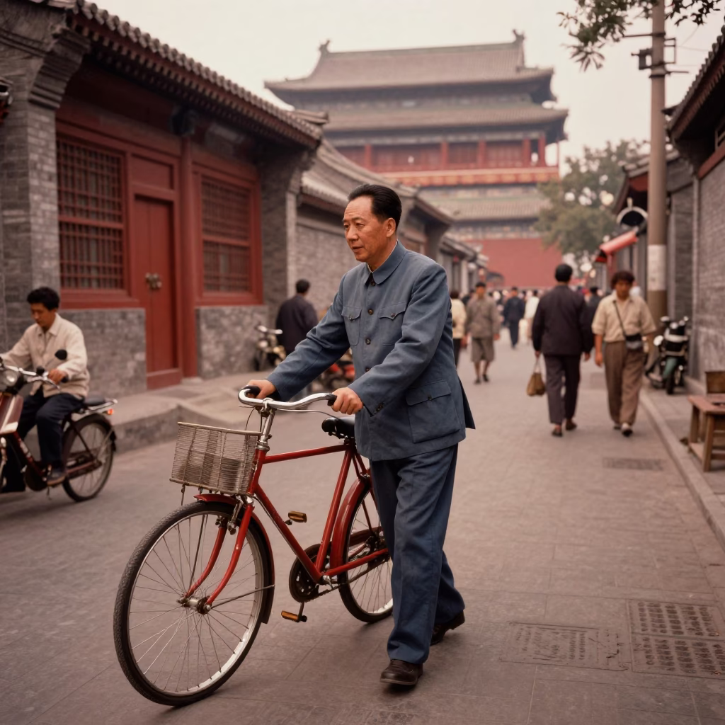 Vintage 1970s Beijing Street Scene with Red Bicycle and Copper Dusk Light in in Beijing, China