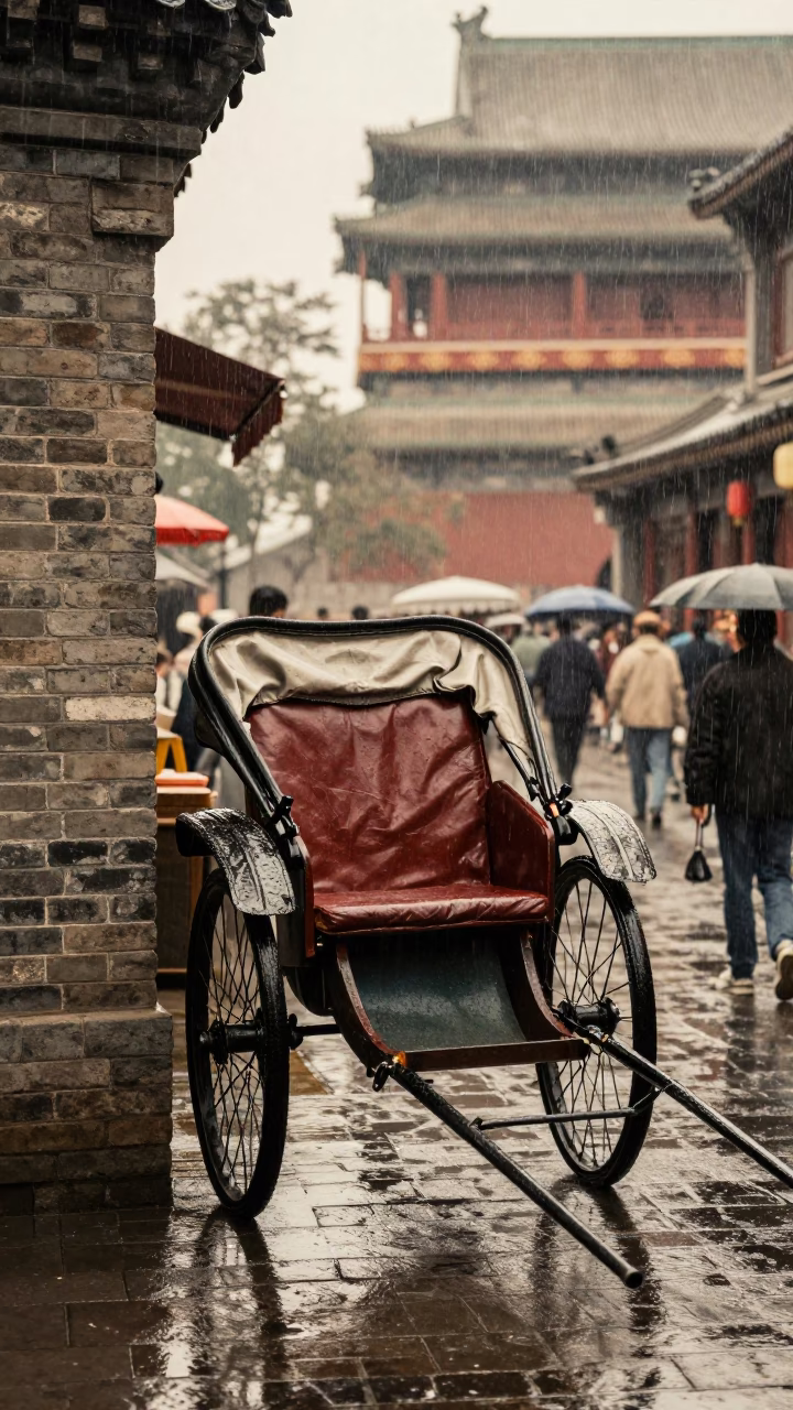 Vintage 1970s Beijing Street Scene with Rickshaw and Rainy Afternoon Atmosphere in in Beijing, China