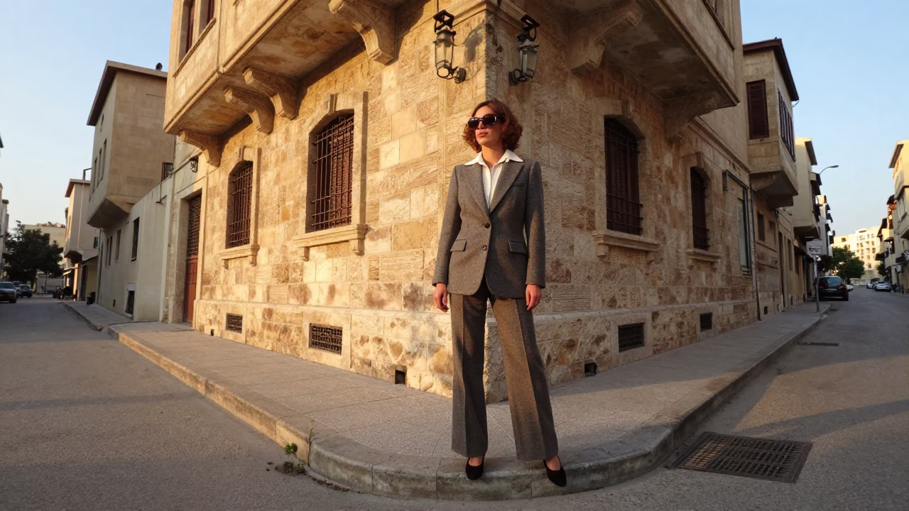 Vintage 1970s Beirut Street Fashion Portrait at Sunrise with Local Details in in Beirut, Lebanon