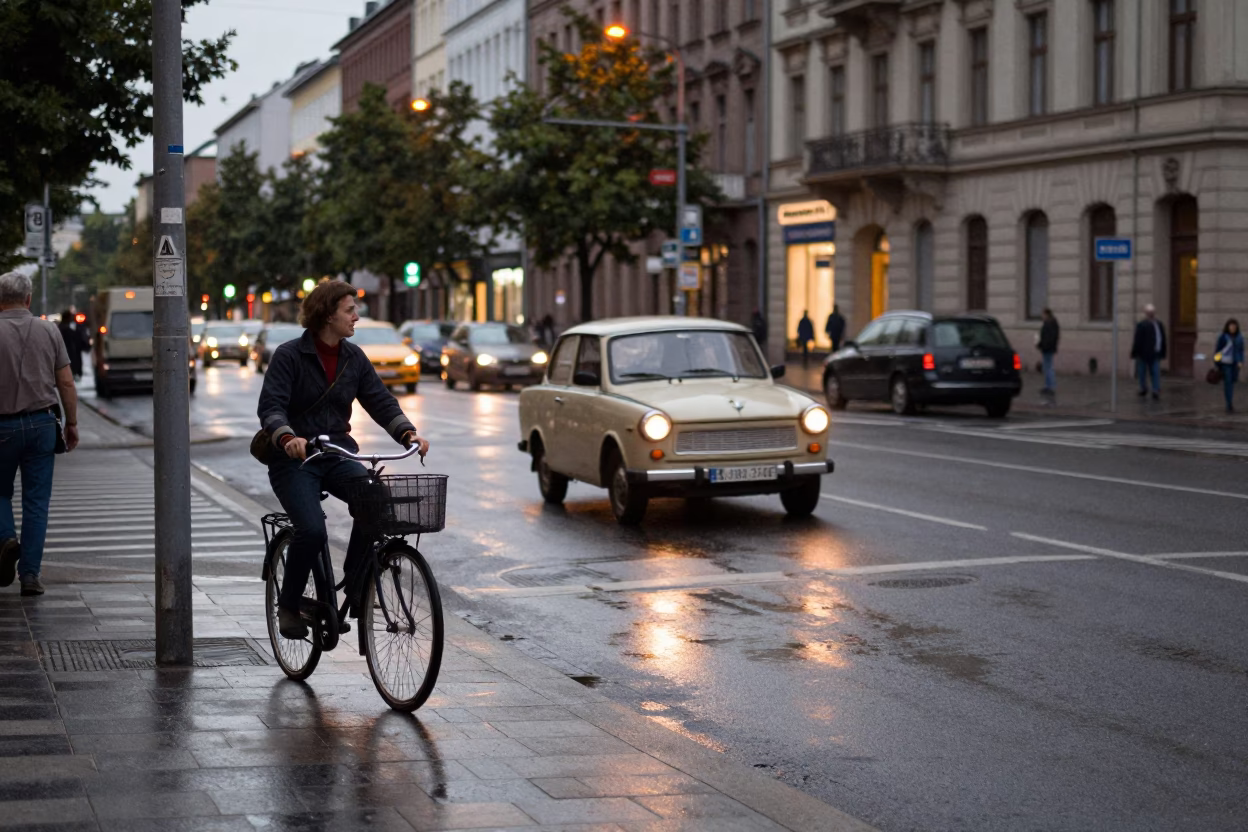 Vintage 1970s Berlin Street Scene Early Evening with Bicycle Rack and Local Details in in Berlin, Germany