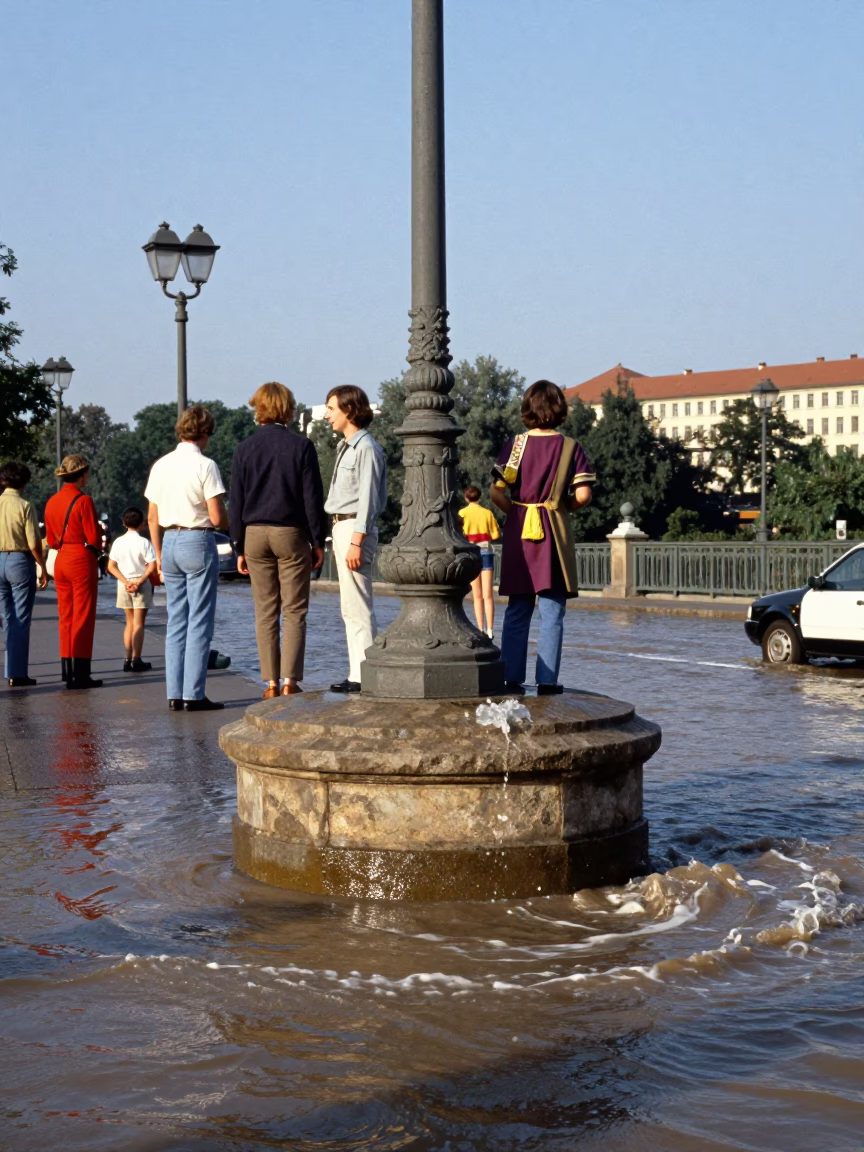 Vintage 1970s Berlin Street Scene with Bridge Pier and Floodwater in in Berlin, Germany