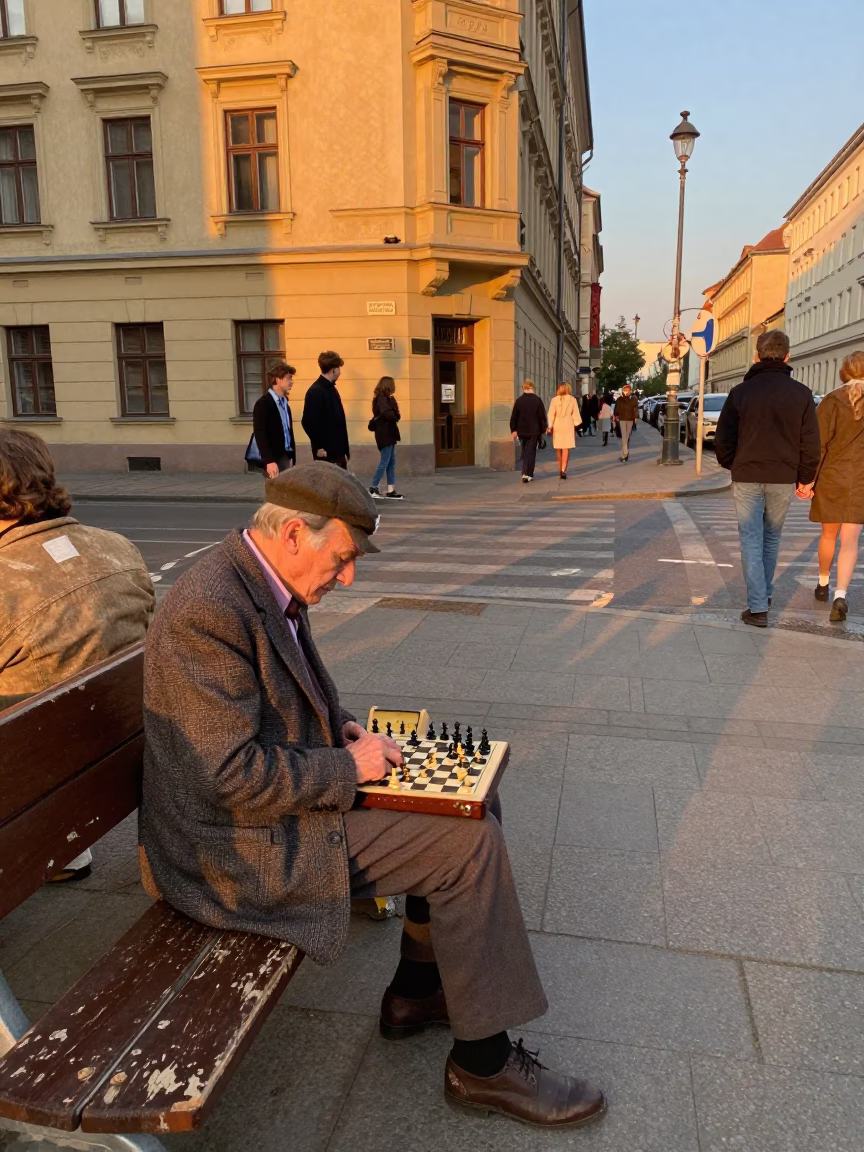 Vintage 1970s Berlin Street Scene with Chess Clock and Doormat in Honeyed Evening Light in in Berlin, Germany