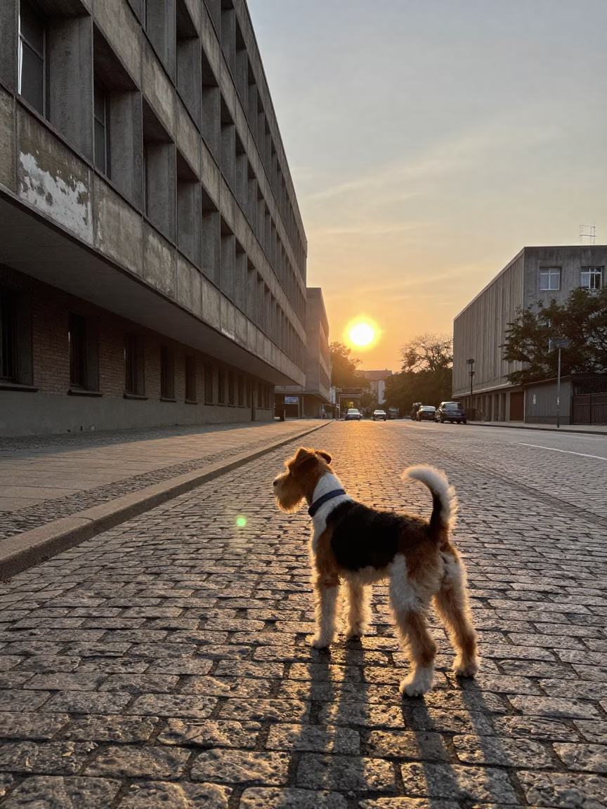 Vintage 1970s Berlin Street Scene with Smooth Fox Terrier at Sunset in in Berlin, Germany