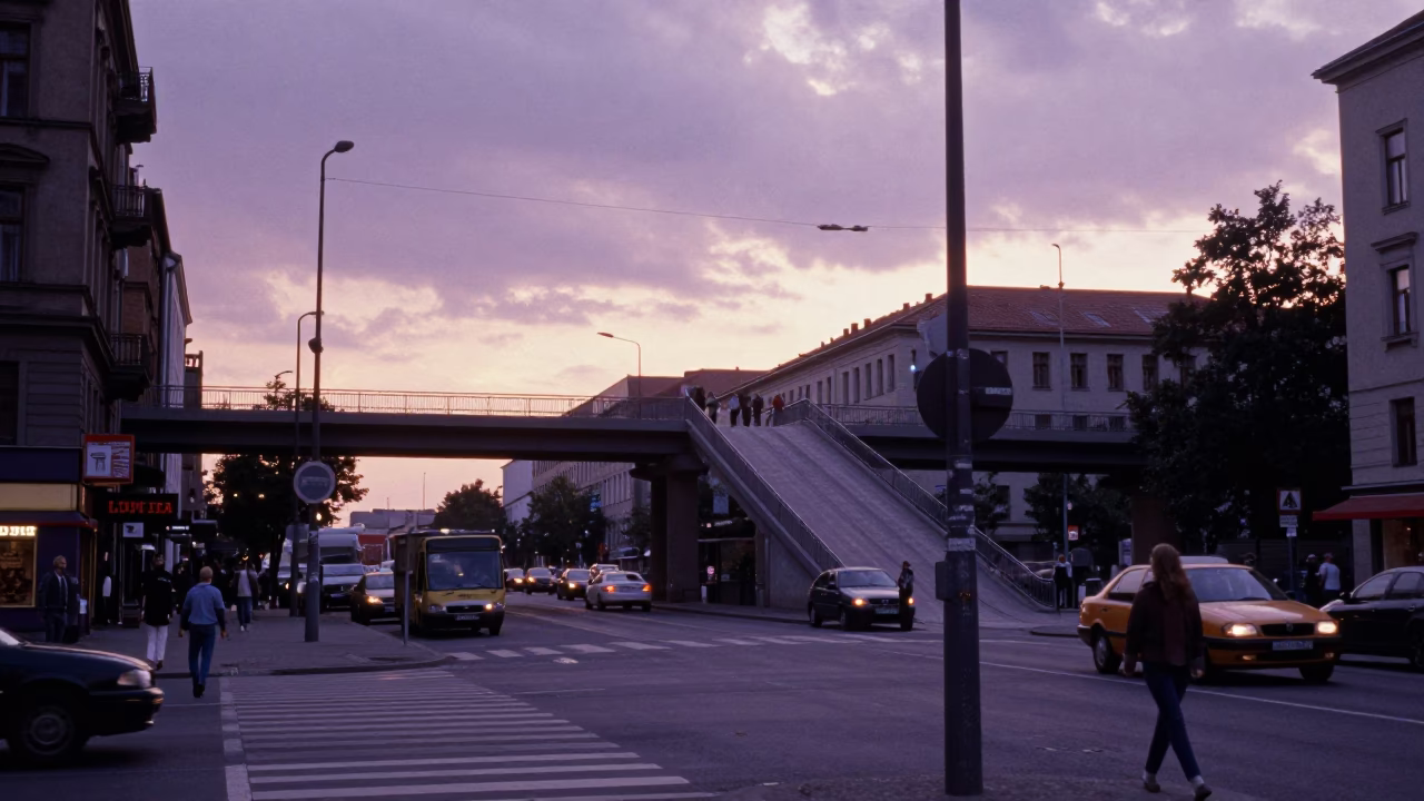 Vintage 1970s Berlin Sunset Street Scene with Overpass and Local Life in in Berlin, Germany