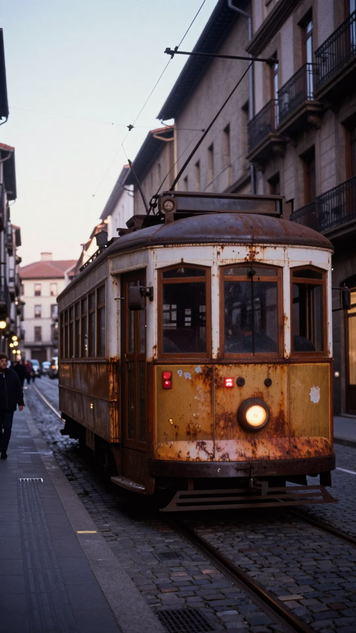 Vintage 1970s Bilbao Street Scene Heritage Tram Dawn Light Cobblestone Avenue in in Bilbao, Spain