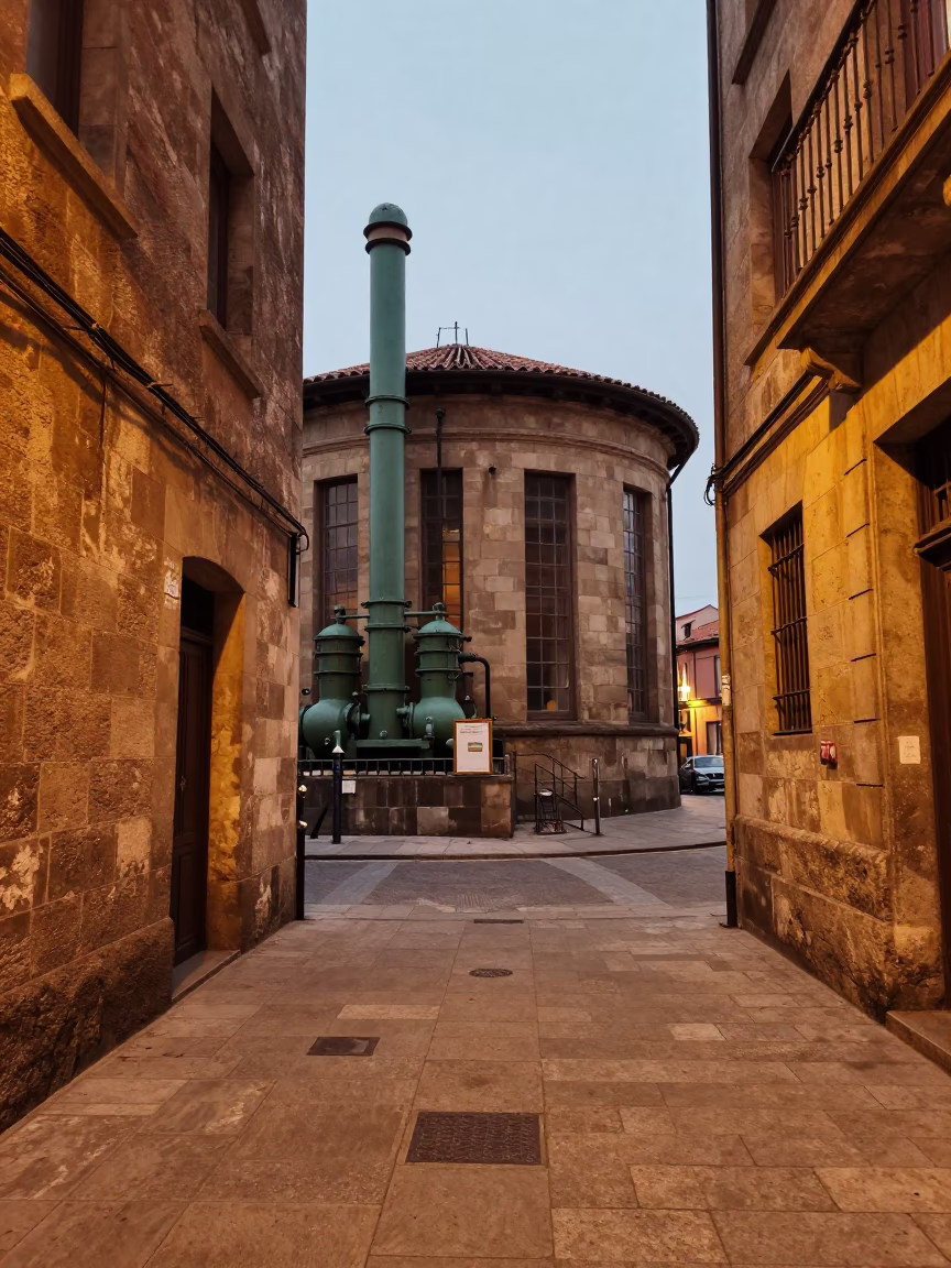 Vintage 1970s Bilbao Street Scene with Sewage Pumping Station and Fountain Pen in in Bilbao, Spain