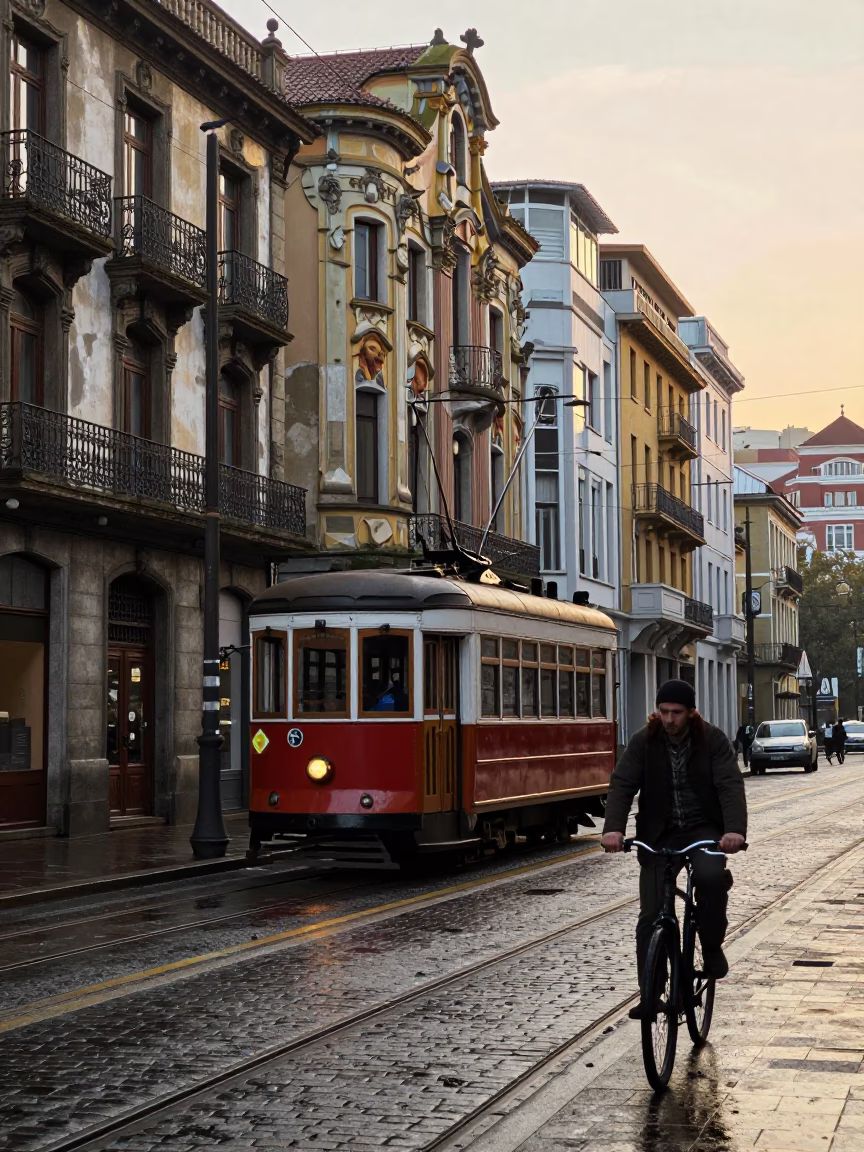 Vintage 1970s Bilbao Tram Passing Art Nouveau Facades Under First Light in in Bilbao, Spain