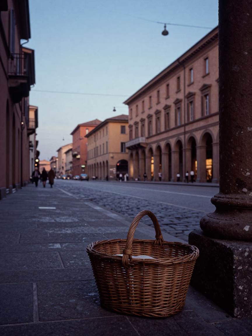Vintage 1970s Bologna Street Scene at Nautical Dawn with Wicker Basket and Steam Haze in in Bologna, Italy