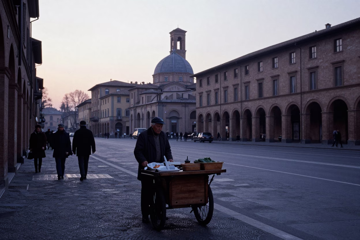 Vintage 1970s Bologna Street Scene Before Sunrise with Local Vendor and District Heating Pipes in in Bologna, Italy